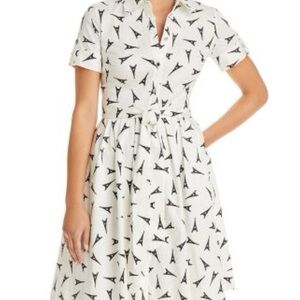 White Short-Sleeve Shirt Dress with Black Eiffel Print